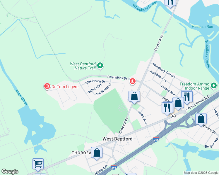 map of restaurants, bars, coffee shops, grocery stores, and more near 136 Sandpiper Lane in West Deptford