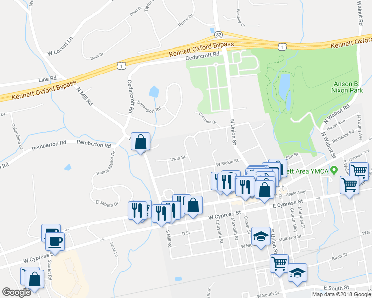 map of restaurants, bars, coffee shops, grocery stores, and more near Hessian Drive in Kennett Square