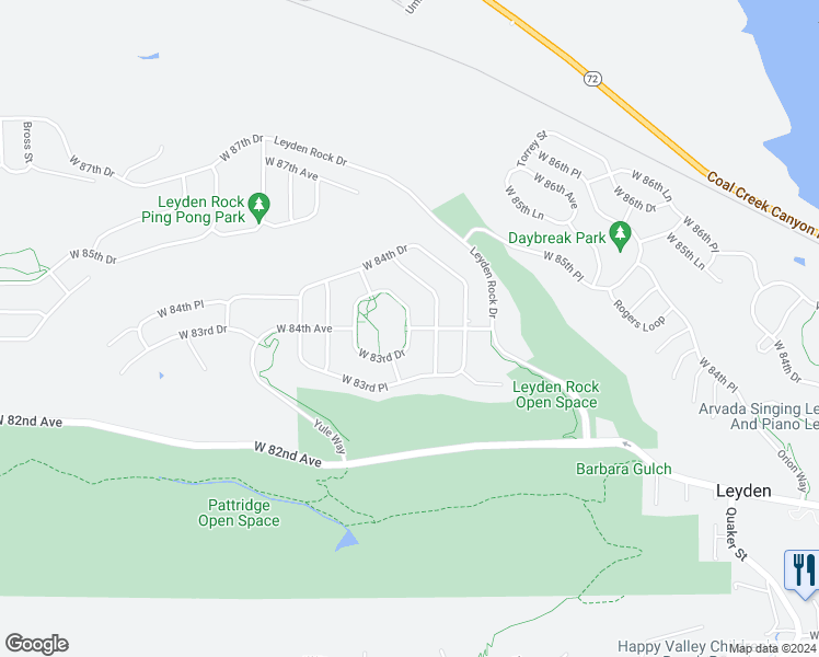 map of restaurants, bars, coffee shops, grocery stores, and more near 19312 West 84th Avenue in Arvada