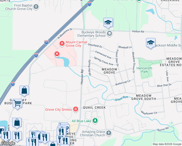 map of restaurants, bars, coffee shops, grocery stores, and more near 5585 Spring Hill Road in Grove City