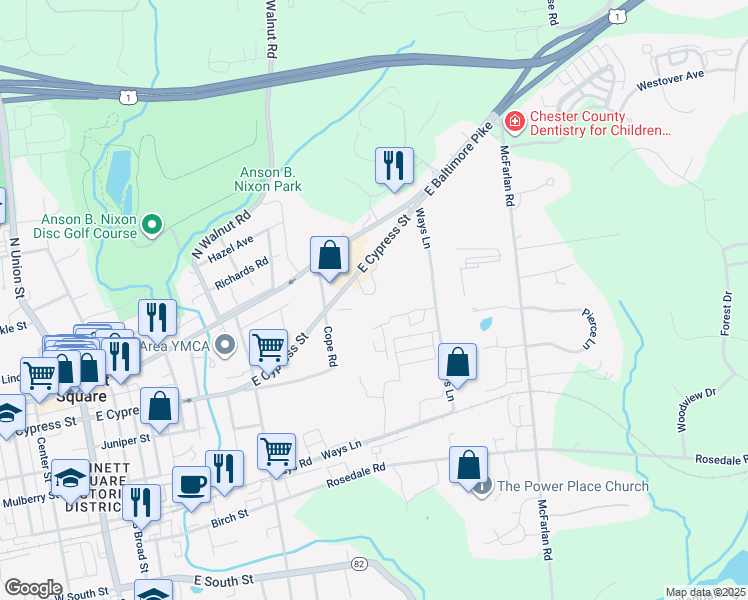 map of restaurants, bars, coffee shops, grocery stores, and more near 652 East Cypress Street in Kennett Square