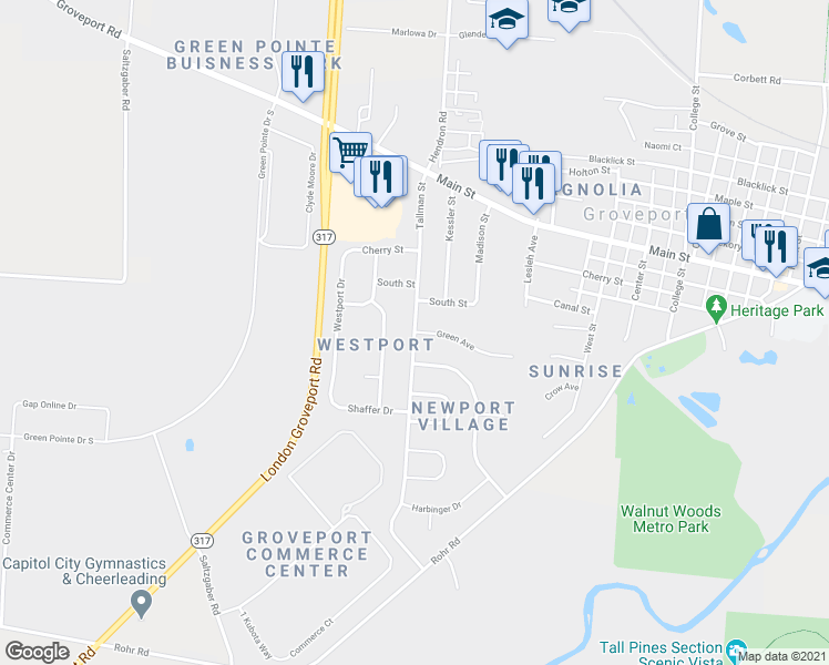 map of restaurants, bars, coffee shops, grocery stores, and more near Tallman St & Green Ave in Groveport