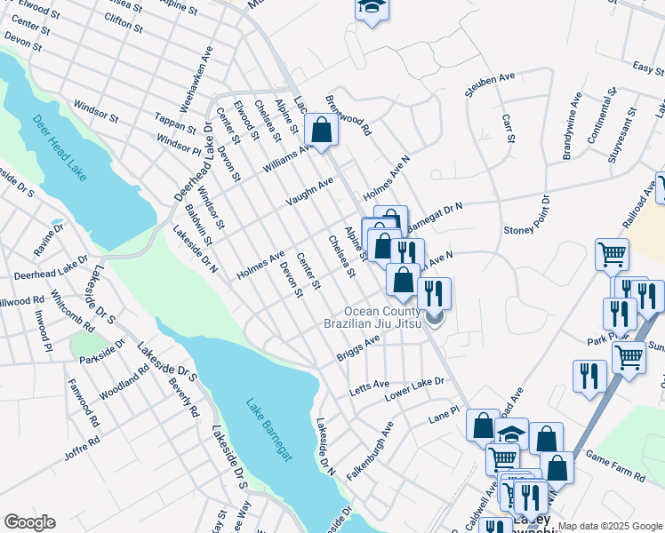 map of restaurants, bars, coffee shops, grocery stores, and more near 428 Lake Barnegat Drive South in Lacey Township