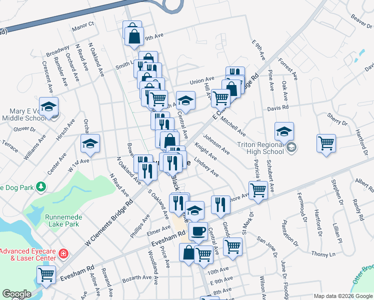 map of restaurants, bars, coffee shops, grocery stores, and more near 10 East Clements Bridge Road in Runnemede