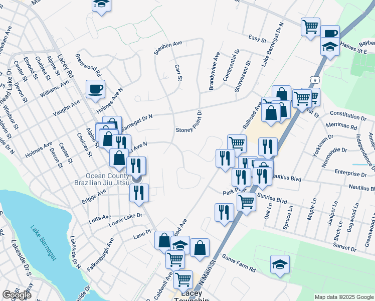 map of restaurants, bars, coffee shops, grocery stores, and more near 22 Penn Place in Lacey Township