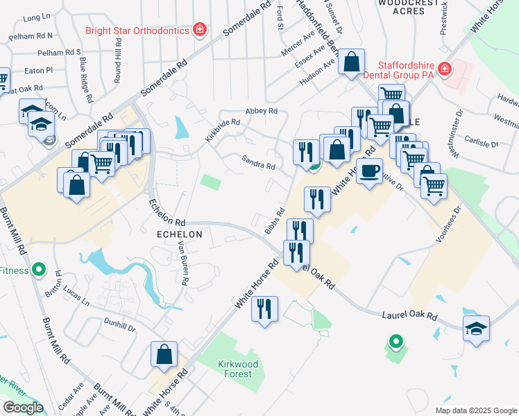 map of restaurants, bars, coffee shops, grocery stores, and more near 1138 Bibbs Road in Voorhees Township