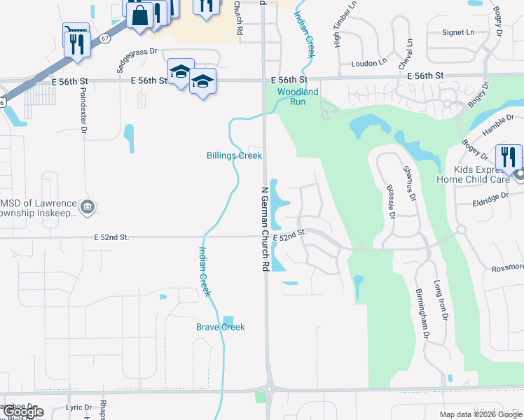 map of restaurants, bars, coffee shops, grocery stores, and more near 5252 North German Church Road in Indianapolis