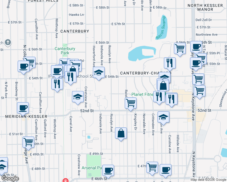 map of restaurants, bars, coffee shops, grocery stores, and more near 5260 Primrose Avenue in Indianapolis