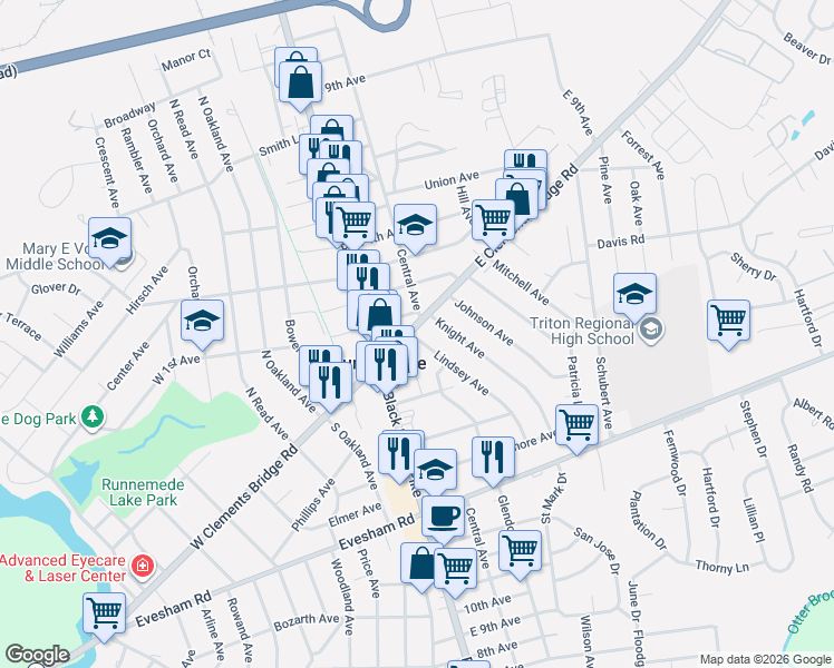 map of restaurants, bars, coffee shops, grocery stores, and more near 10 East Clements Bridge Road in Runnemede