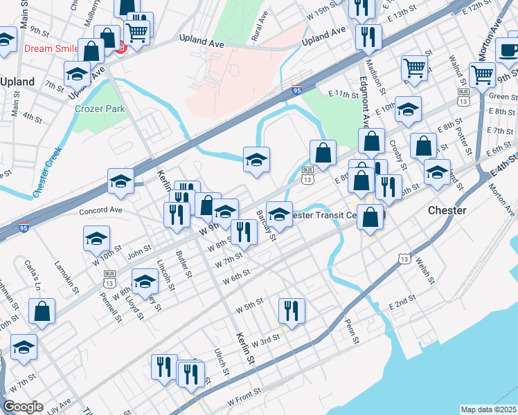 map of restaurants, bars, coffee shops, grocery stores, and more near 800 Barclay Street in Chester