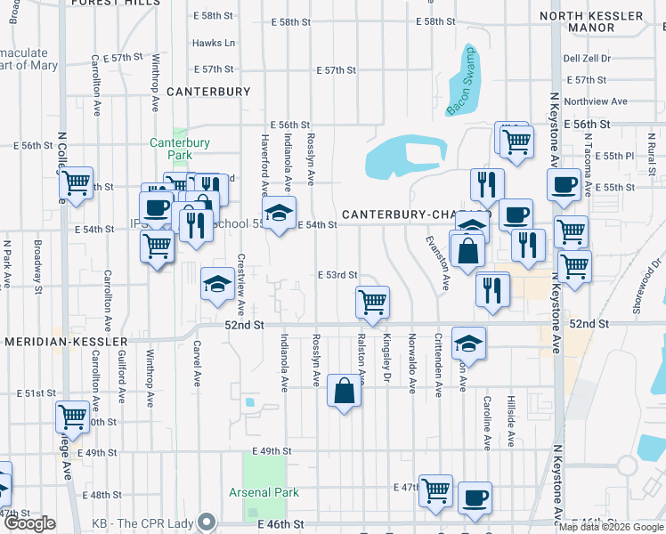 map of restaurants, bars, coffee shops, grocery stores, and more near 5260 Primrose Avenue in Indianapolis