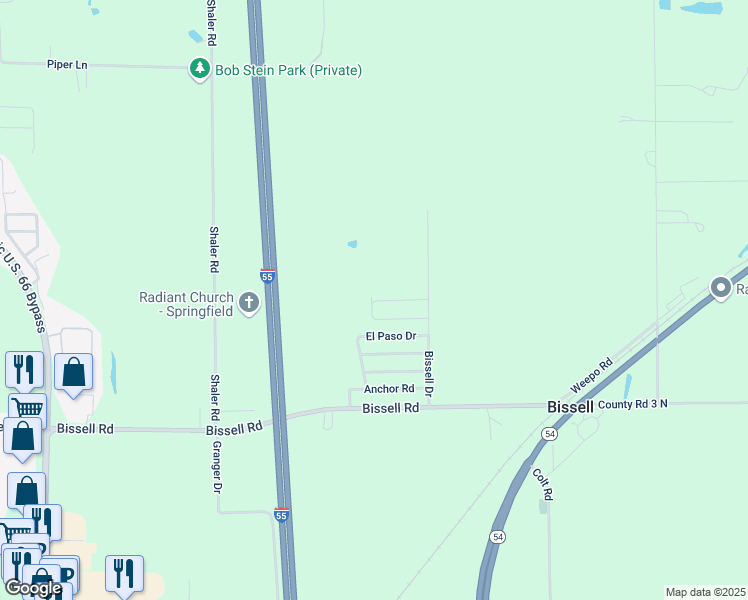 map of restaurants, bars, coffee shops, grocery stores, and more near 131-199 El Paso Drive in Springfield