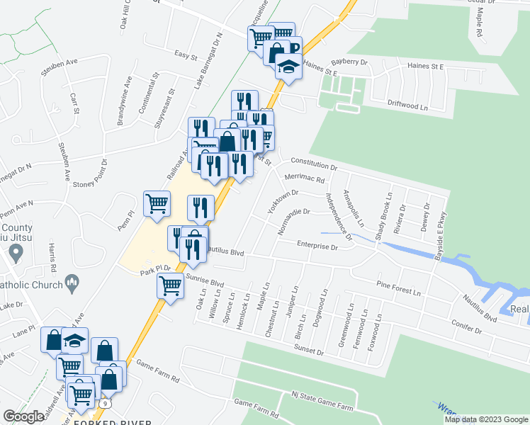 map of restaurants, bars, coffee shops, grocery stores, and more near 315 Yorktown Drive in Lacey Township