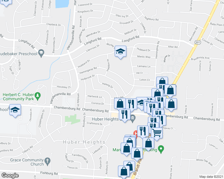 map of restaurants, bars, coffee shops, grocery stores, and more near 6625 Helwig Drive in Dayton