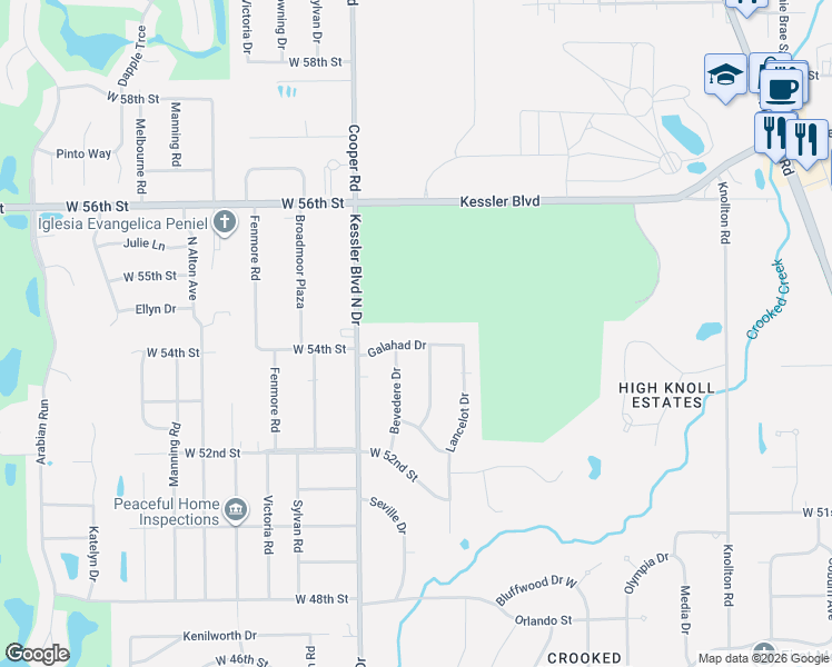 map of restaurants, bars, coffee shops, grocery stores, and more near 2884 Galahad Drive in Indianapolis