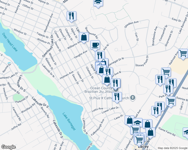 map of restaurants, bars, coffee shops, grocery stores, and more near 421 Alpine Street in Lacey Township