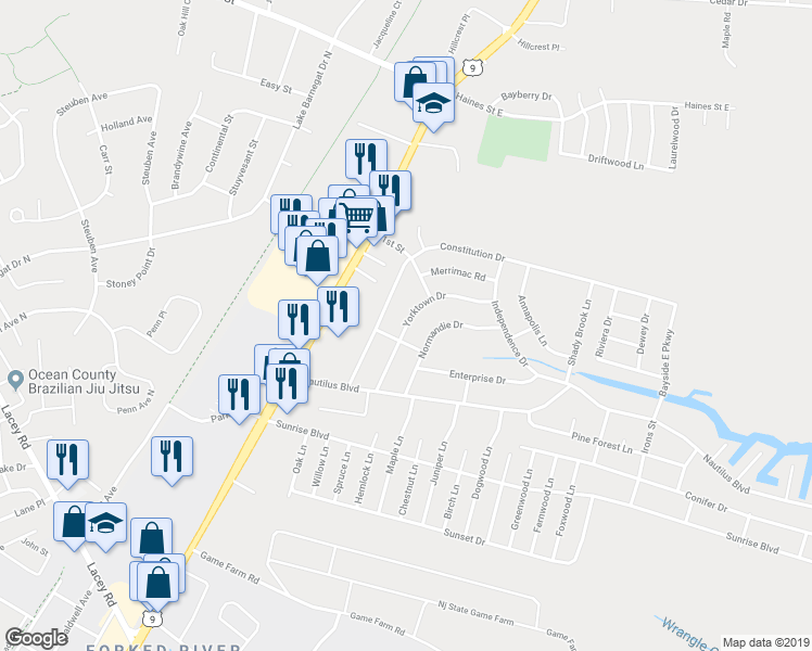 map of restaurants, bars, coffee shops, grocery stores, and more near 329 Yorktown Drive in Lacey Township
