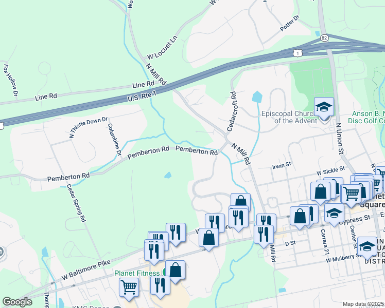 map of restaurants, bars, coffee shops, grocery stores, and more near 216 Pemberton Road in Kennett Square