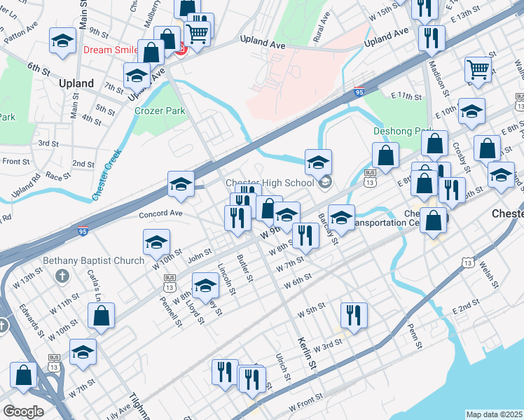 map of restaurants, bars, coffee shops, grocery stores, and more near 598 W 10th St in Chester