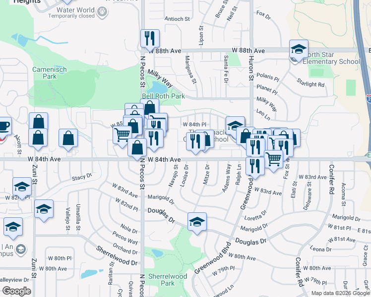 map of restaurants, bars, coffee shops, grocery stores, and more near 1327 West 84th Avenue in Thornton