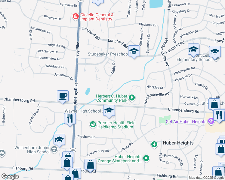 map of restaurants, bars, coffee shops, grocery stores, and more near 5117 Chambersburg Road in Dayton