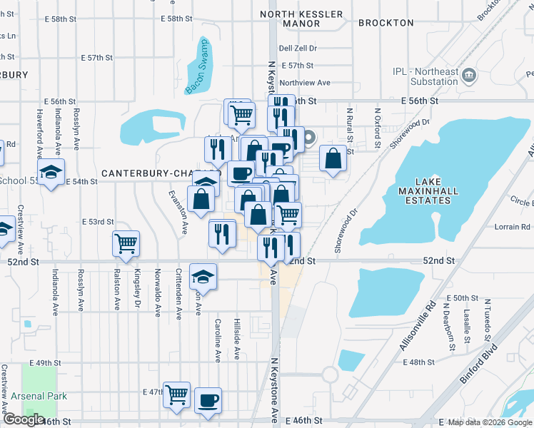 map of restaurants, bars, coffee shops, grocery stores, and more near 5351 North Keystone Avenue in Indianapolis