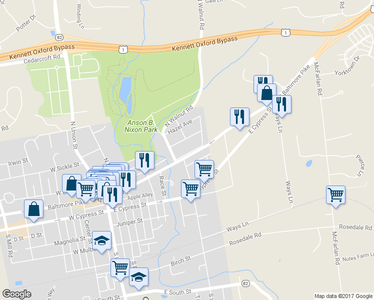 map of restaurants, bars, coffee shops, grocery stores, and more near 525 Penn Avenue in Kennett Square