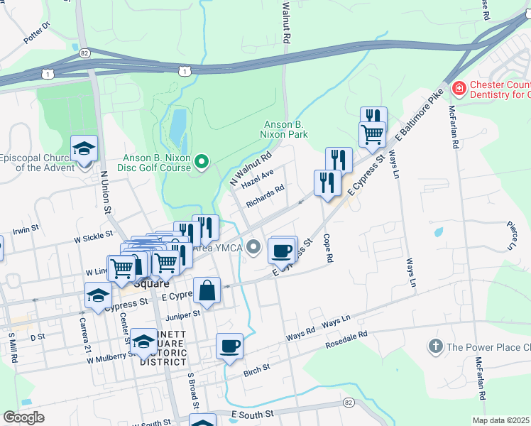 map of restaurants, bars, coffee shops, grocery stores, and more near 525 Penn Avenue in Kennett Square