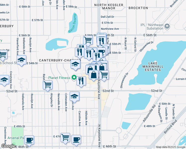map of restaurants, bars, coffee shops, grocery stores, and more near 5350 North Keystone Avenue in Indianapolis