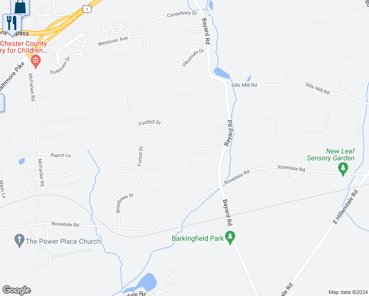 map of restaurants, bars, coffee shops, grocery stores, and more near 103 Indian Springs Road in Kennett Square