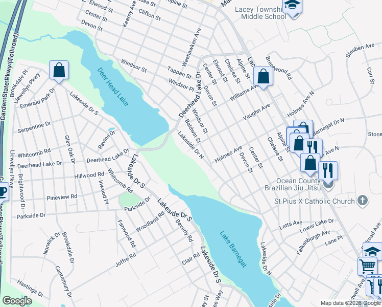 map of restaurants, bars, coffee shops, grocery stores, and more near 589 Vaughn Avenue in Lacey Township