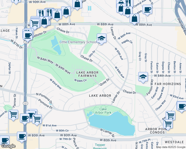 map of restaurants, bars, coffee shops, grocery stores, and more near 6615 West 84th Way in Arvada