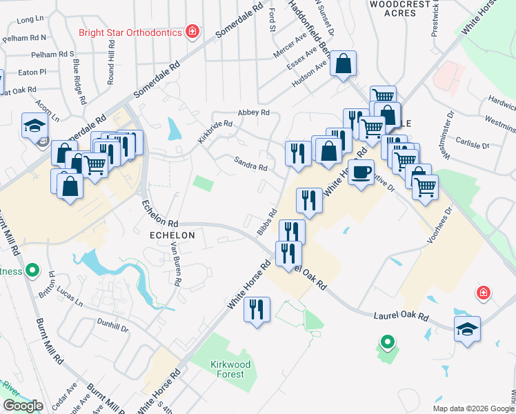 map of restaurants, bars, coffee shops, grocery stores, and more near 1156 Bibbs Road in Voorhees Township