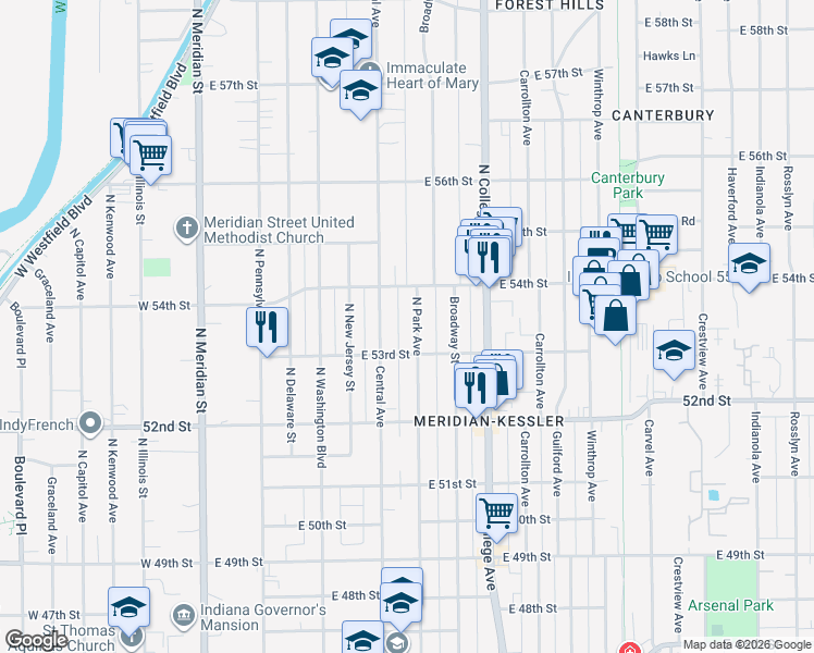 map of restaurants, bars, coffee shops, grocery stores, and more near 5355 Central Avenue in Indianapolis