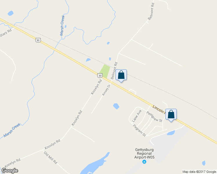 map of restaurants, bars, coffee shops, grocery stores, and more near 169 Kinsey Drive in Gettysburg