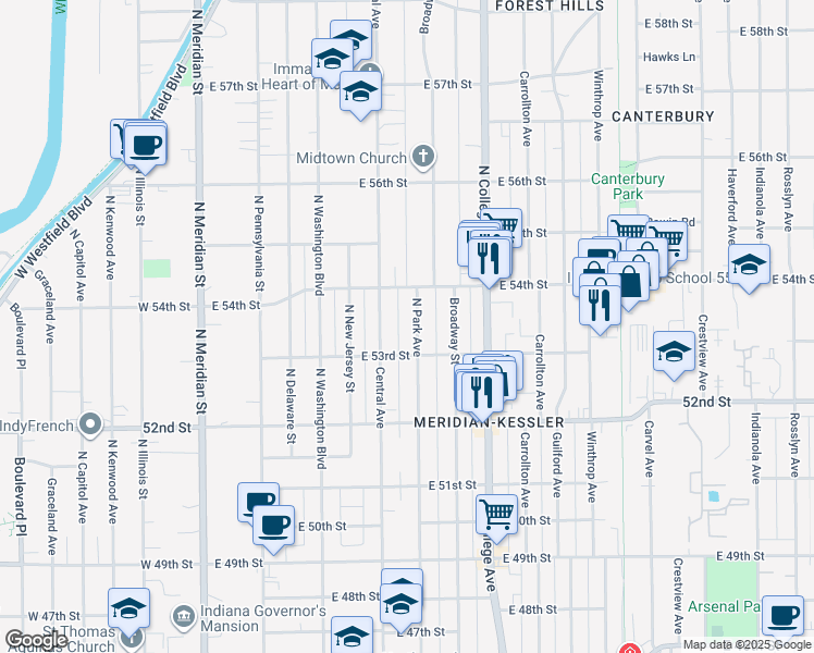 map of restaurants, bars, coffee shops, grocery stores, and more near 5355 Central Avenue in Indianapolis