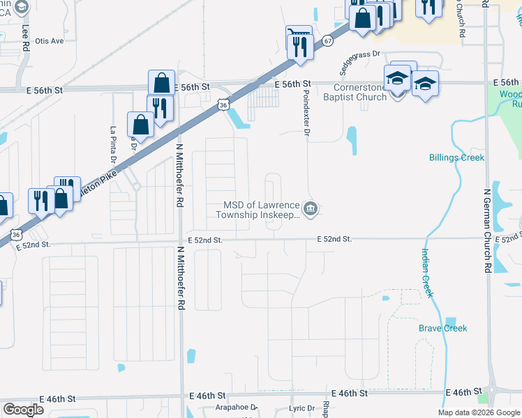 map of restaurants, bars, coffee shops, grocery stores, and more near 5264 Traditions Drive in Indianapolis