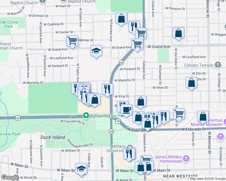 map of restaurants, bars, coffee shops, grocery stores, and more near 930 North Fairview Avenue in Decatur