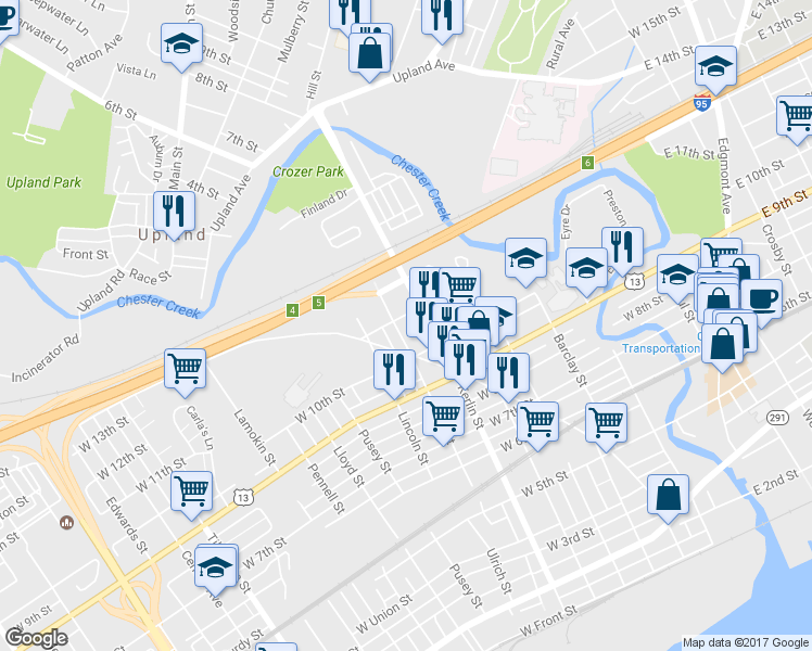 map of restaurants, bars, coffee shops, grocery stores, and more near 1035 Butler Street in Chester