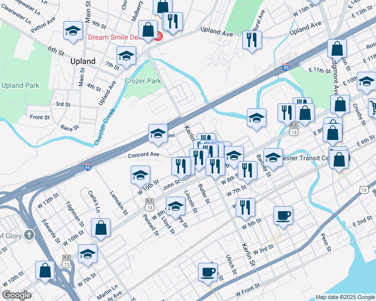 map of restaurants, bars, coffee shops, grocery stores, and more near 1035 Butler Street in Chester