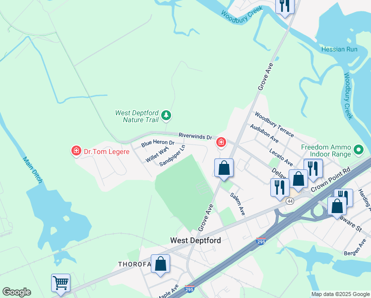 map of restaurants, bars, coffee shops, grocery stores, and more near 140 Sandpiper Lane in West Deptford