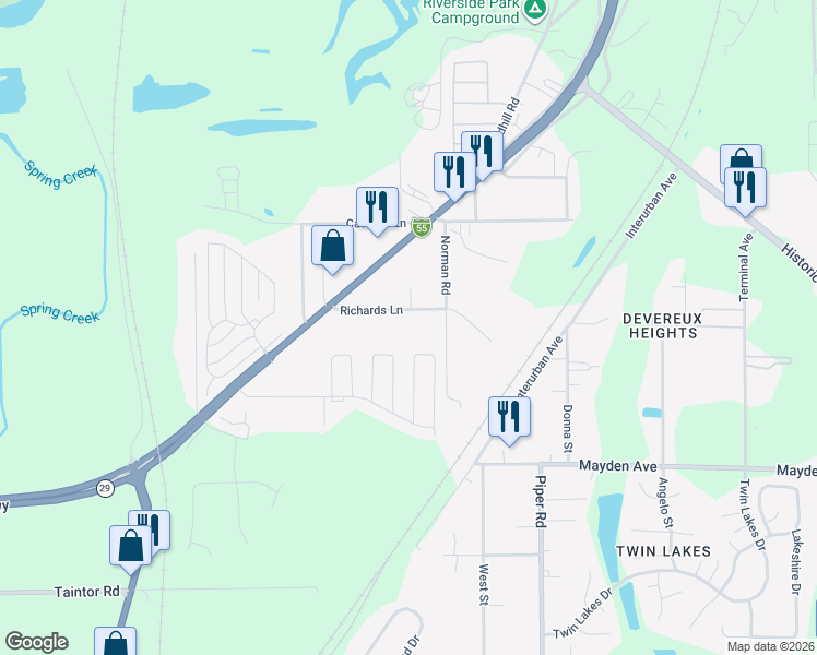 map of restaurants, bars, coffee shops, grocery stores, and more near 2320 Richards Lane in Springfield