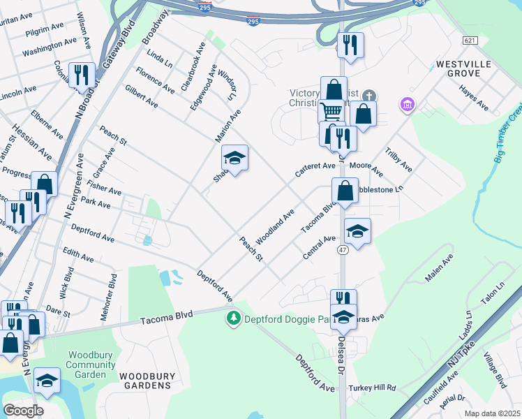 map of restaurants, bars, coffee shops, grocery stores, and more near Carteret Avenue in Deptford