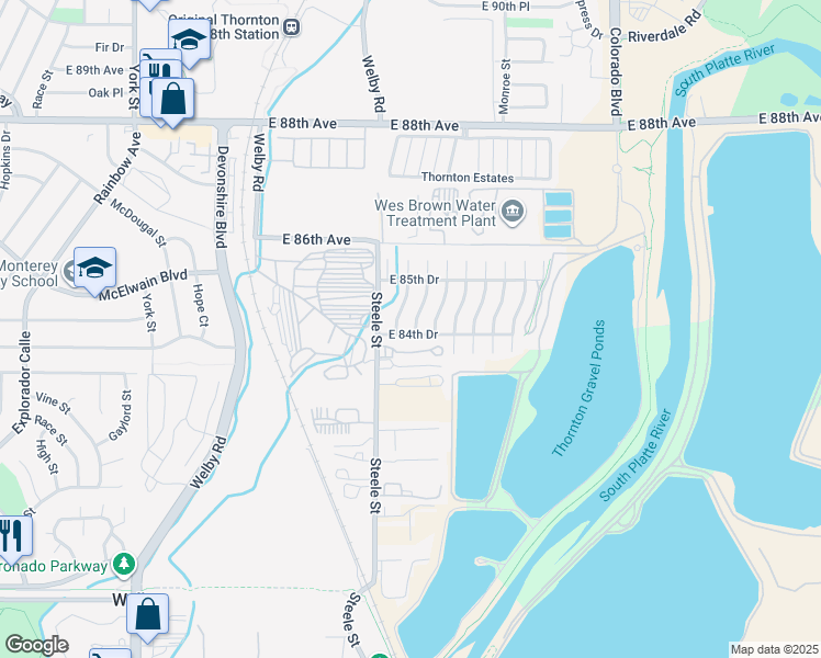 map of restaurants, bars, coffee shops, grocery stores, and more near 8461 Adams Way in Thornton