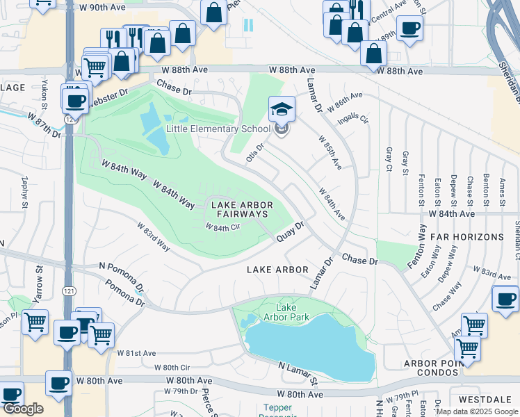 map of restaurants, bars, coffee shops, grocery stores, and more near 6615 West 84th Way in Arvada