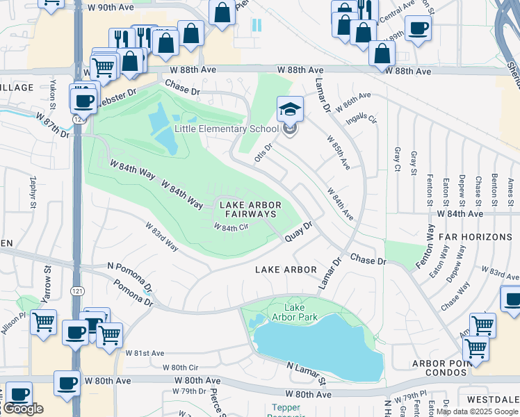 map of restaurants, bars, coffee shops, grocery stores, and more near 6615 West 84th Way in Arvada