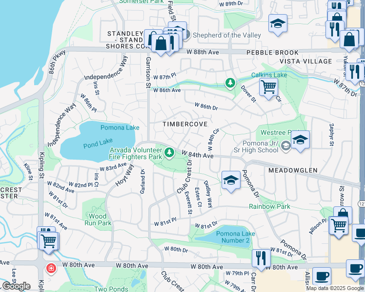 map of restaurants, bars, coffee shops, grocery stores, and more near 8420 Everett Way in Arvada