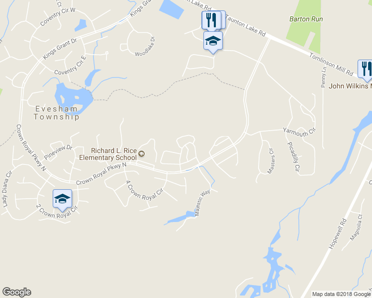 map of restaurants, bars, coffee shops, grocery stores, and more near 30 Sheffield Drive in Evesham Township