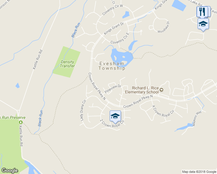 map of restaurants, bars, coffee shops, grocery stores, and more near 52 Sweetfern Court in Evesham