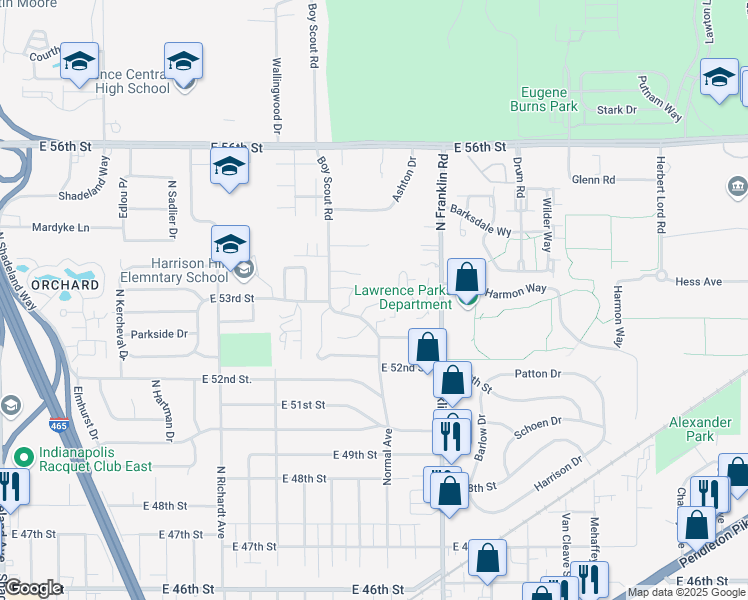 map of restaurants, bars, coffee shops, grocery stores, and more near 7921 Benjamin Drive in Lawrence